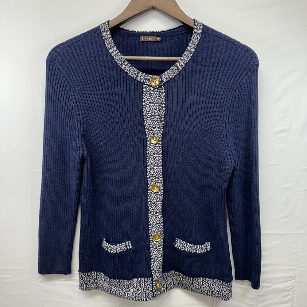 J McLaughlin Navy Blue Ribbed Cardigan Sweater Women's‎ M